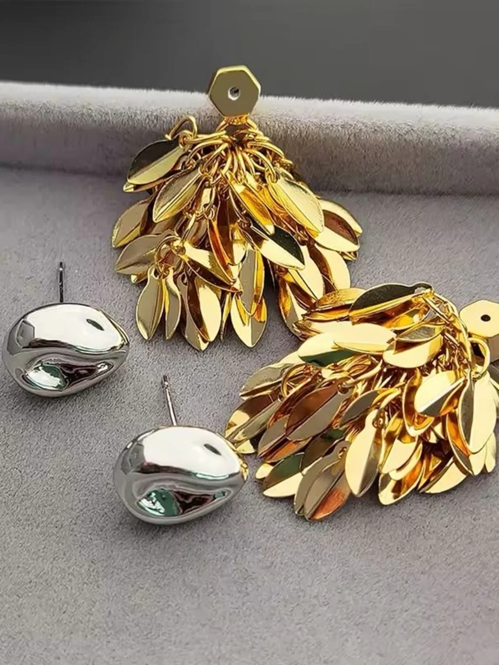Gold and Silver Leaf Cluster Drop Earrings - Picture 2 of 11